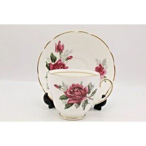 Teacup and Saucer Set England Duchess Bone China Pink Roses Gold Trim Vintage